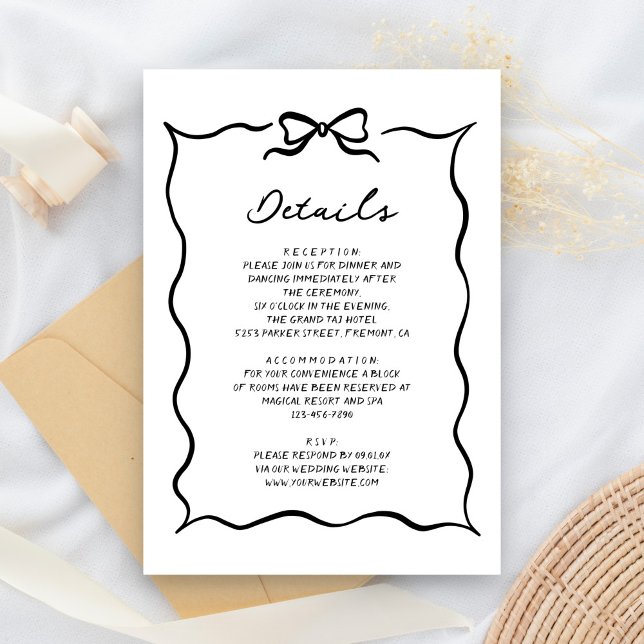 Black & White Hand Drawn Bow Wedding Details Enclosure Card (Creator Uploaded)