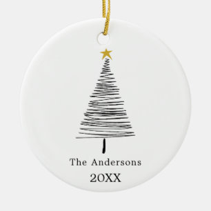 Black white hand-drawn Christmas tree family name Ceramic Ornament