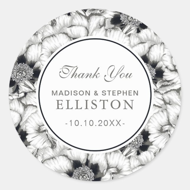 Black & White Hand Drawn Floral | Thank You Classic Round Sticker (Front)