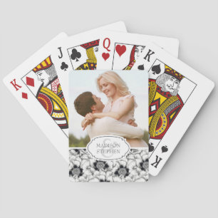 Black & White Hand Drawn Floral - Wedding Photo Playing Cards