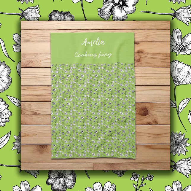 Black & white hand drawn flowers on green pattern kitchen towel (Change the name and you can even change the "cooking fairy" caption to another cute nickname for you)