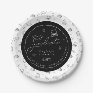 Black White Hand Drawn Grad Party Paper Plate