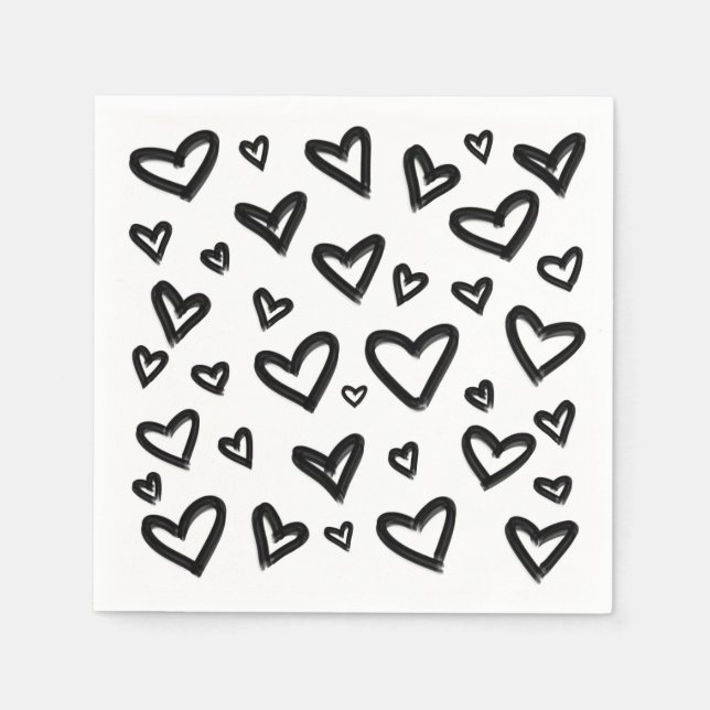 Black & White Hand-Drawn Painted Doodle Hearts Napkin (Front)