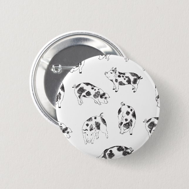 Black & white hand drawn pig cow spots pattern 2 inch round button (Front & Back)