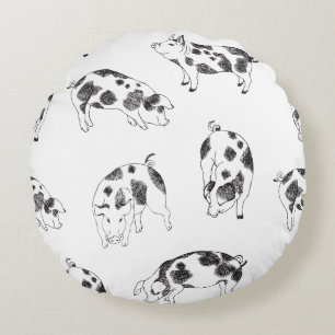 Black & white hand drawn pig cow spots pattern round pillow
