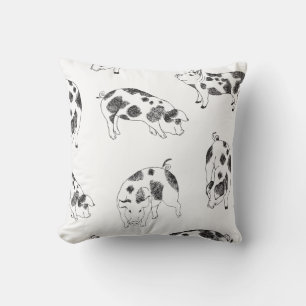 Black & white hand drawn pig cow spots pattern throw pillow