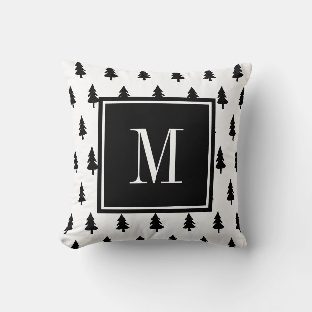 Black white hand drawn pine tree minimal MONOGRAM Throw Pillow (Front)
