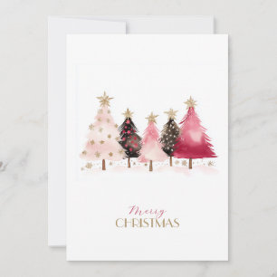 Black white hand-drawn pink trees Christmas Holiday Card