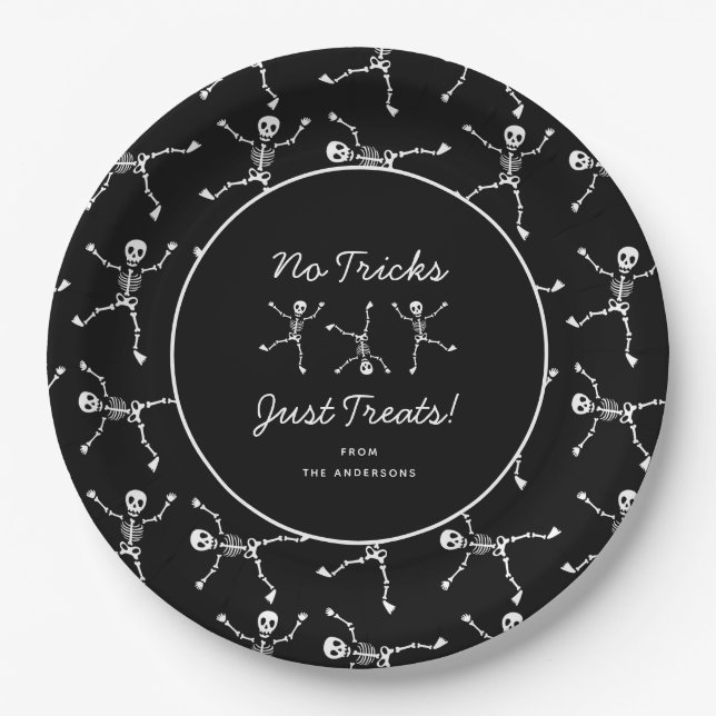 Black & White Hand Drawn Skeleton Halloween  Paper Plate (Front)