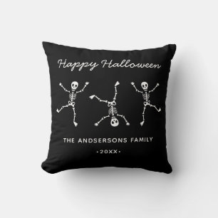 Black & White Hand Drawn Skeleton Happy Halloween Throw Pillow