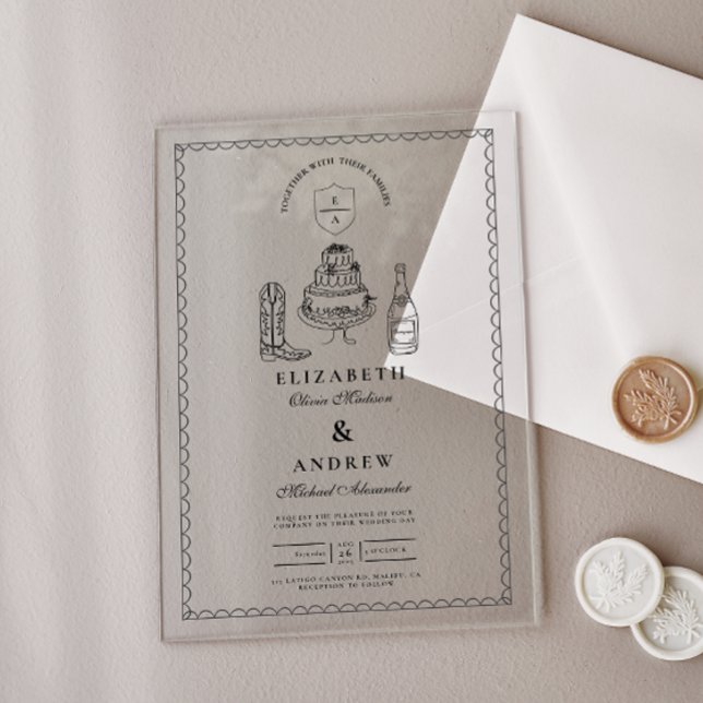 Black White Hand Drawn Western Doodle Wedding  Acrylic Invitations (Creator Uploaded)
