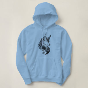 Black & White Hand Drawn Wolf Blue Hoodie