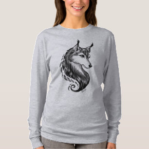 Black White Hand Drawn Wolf Off Shoulder Shirt