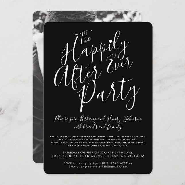 Black white happily ever after wedding party invitation (Front/Back)