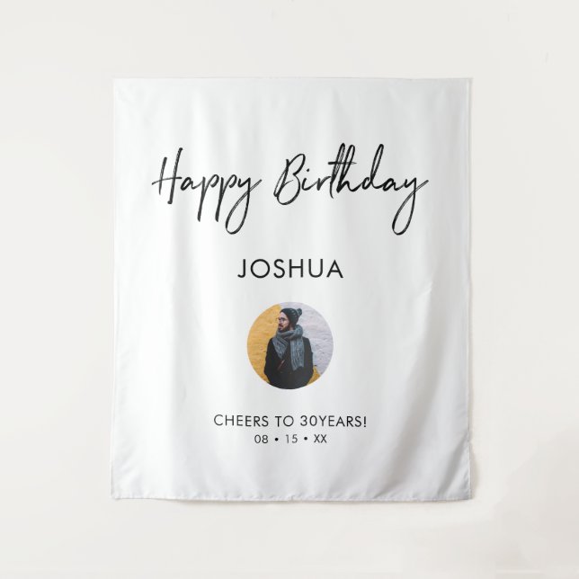 Black & White Happy Birthday Photo Party Backdrop Tapestry (Front)