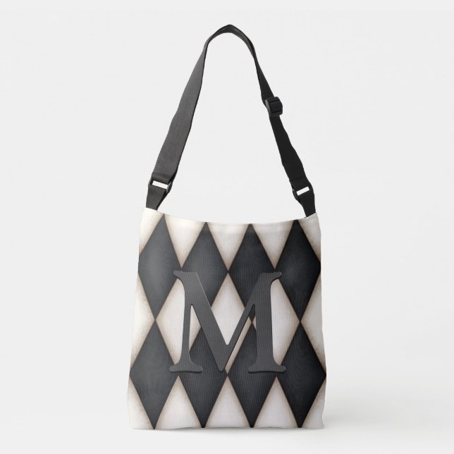 Black & White Harelquin Check Elegant 3-D Monogram Crossbody Bag (Front)