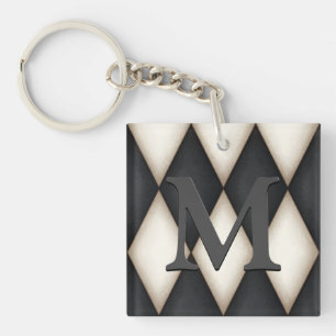 Black & White Harelquin Check Elegant 3-D Monogram Keychain