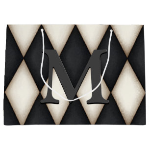 Black & White Harelquin Check Elegant 3-D Monogram Large Gift Bag