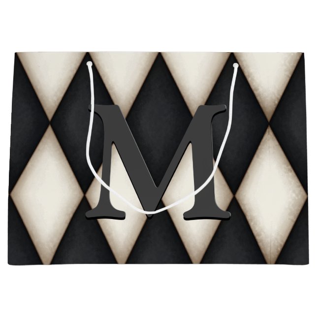 Black & White Harelquin Check Elegant 3-D Monogram Large Gift Bag (Front)