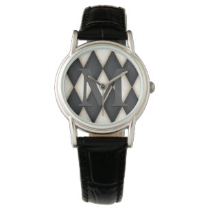Black & White Harelquin Check Elegant 3-D Monogram Watch