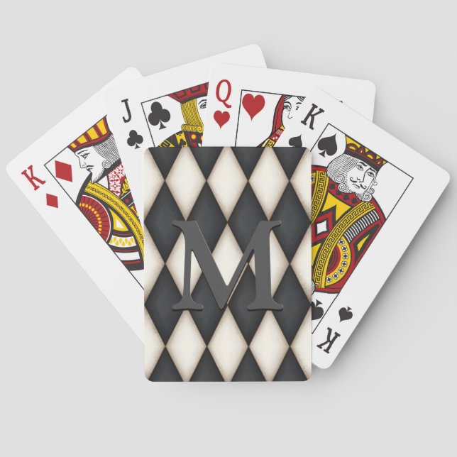 Black & White Harelquin Dramatic Custom Monogram Playing Cards (Back)