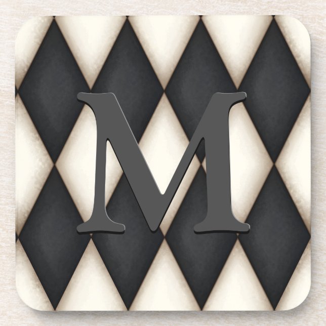 Black & White Harlequin Check Elegant 3-D Monogram Coaster (Front)