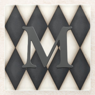 Black & White Harlequin Check Elegant 3-D Monogram Glass Coaster