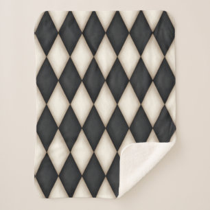 Black & White Harlequin Diamond Check Pattern Sherpa Blanket