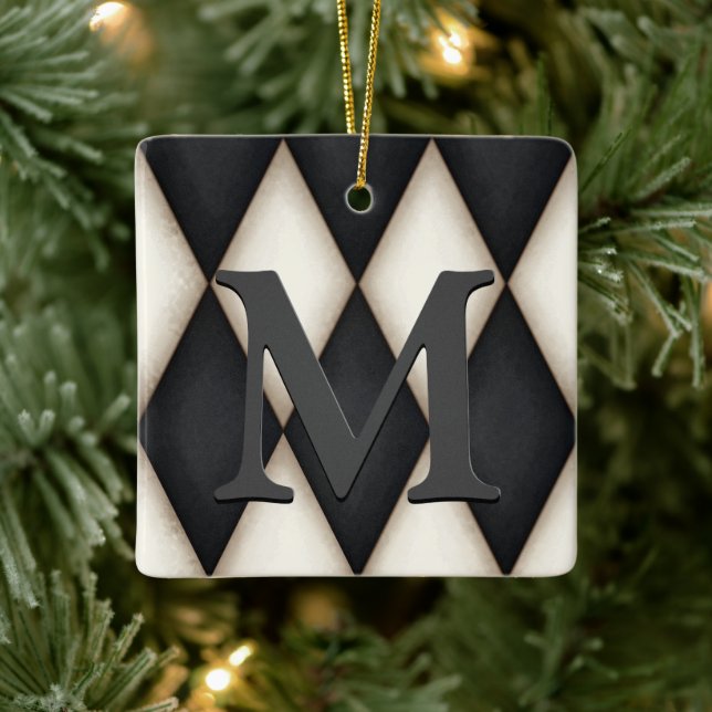 Black & White Harlequin Dramatic Custom Monogram Ceramic Ornament (Tree)