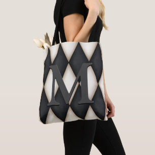 Black & White Harlequin Dramatic Custom Monogram Tote Bag