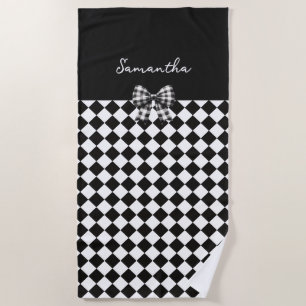 Black White Harlequin Mad Hatter Checkers Beach Towel