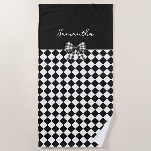 Black White Harlequin Mad Hatter Checkers Beach Towel (Front)