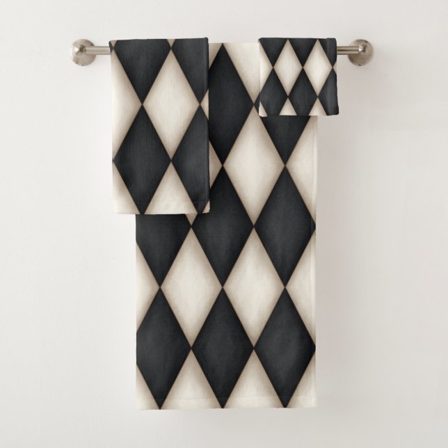 Black & White Harlequin Pattern Elegant Chequered Bath Towel Set (Insitu)