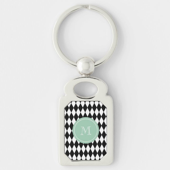 Black White Harlequin Pattern, Mint Green Monogram Keychain (Front)