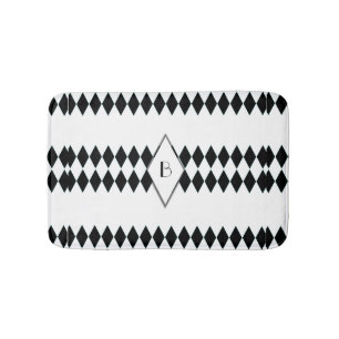 Black White Harlequin Pattern Monogram Bath Mat