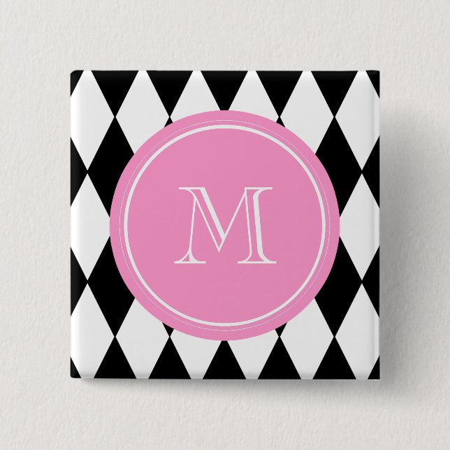 Black White Harlequin Pattern, Pink Monogram 2 Inch Square Button (Front)