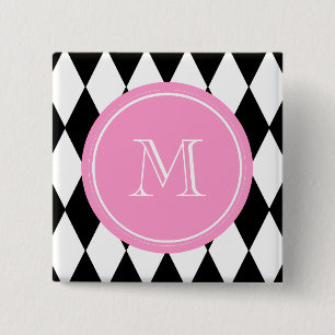 Black White Harlequin Pattern, Pink Monogram 2 Inch Square Button