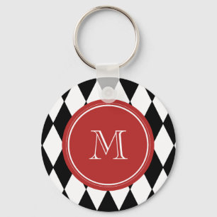 Black White Harlequin Pattern, Red Monogram Keychain