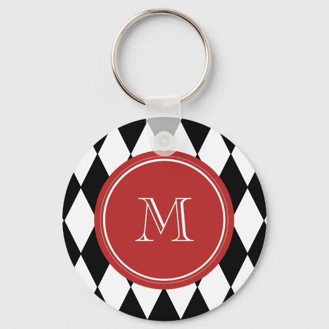 Black White Harlequin Pattern, Red Monogram Keychain (Front)