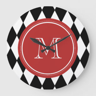 Black White Harlequin Pattern, Red Monogram Large Clock