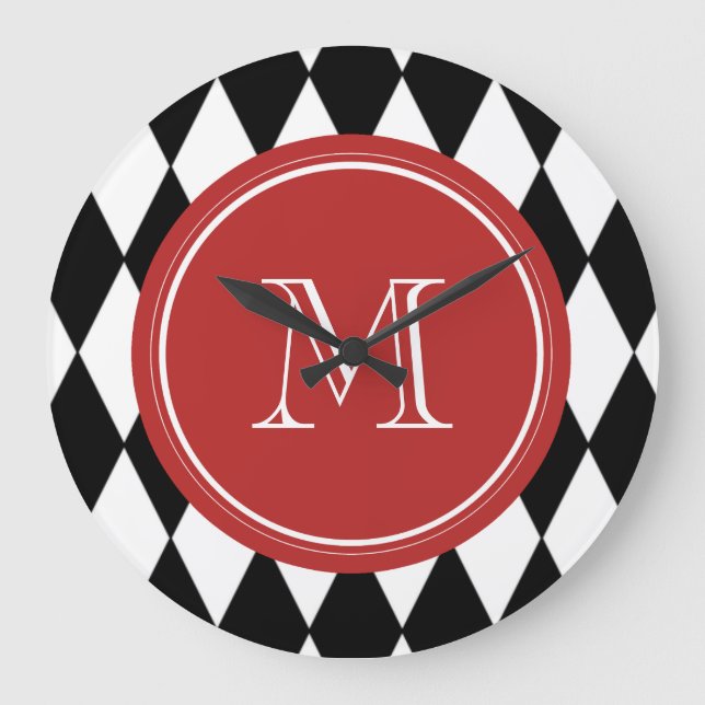 Black White Harlequin Pattern, Red Monogram Large Clock (Front)