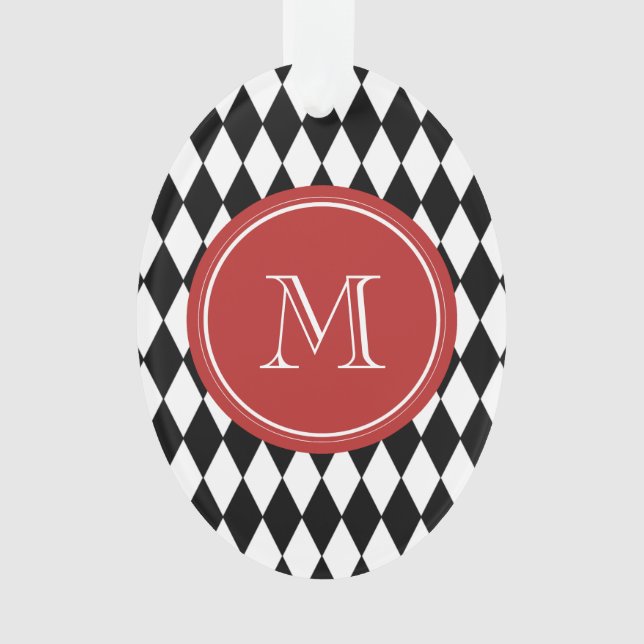 Black White Harlequin Pattern, Red Monogram Ornament (Front)