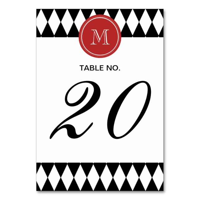 Black White Harlequin Pattern, Red Monogram Table Number (Back)