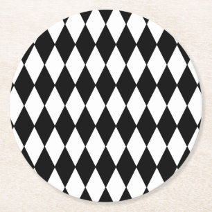 Black White Harlequin Pattern Round Paper Coaster