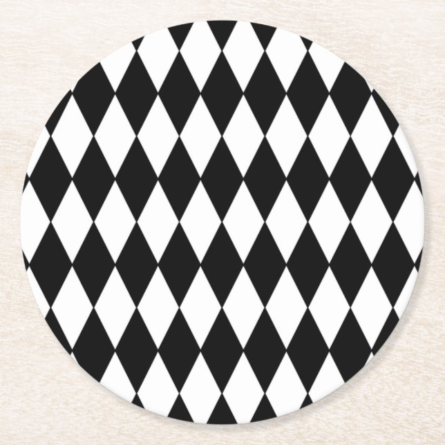 Black White Harlequin Pattern Round Paper Coaster (Front)