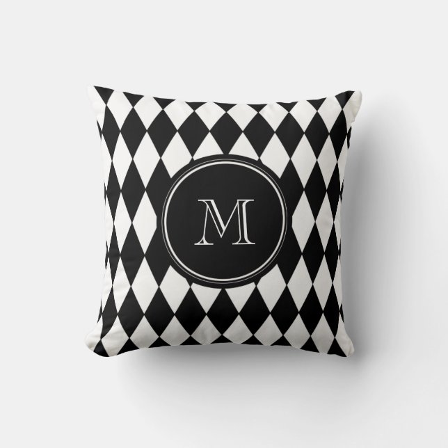 Black White Harlequin Pattern, Your Initial Throw Pillow (Front)