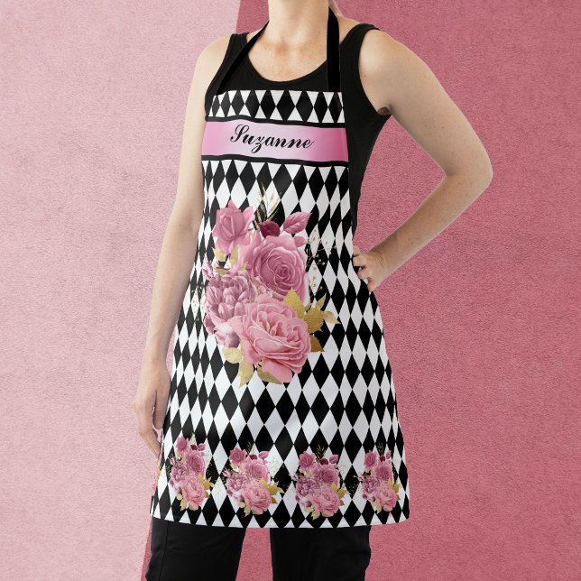Black White Harlequin with Pink Flower and Name Apron (Creator Uploaded)