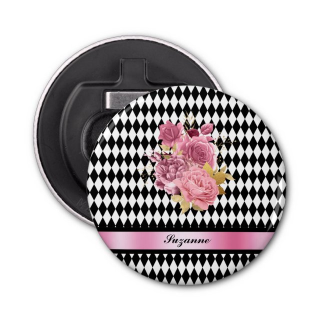 Black White Harlequin with Pink Flower and Name Bottle Opener (Front)