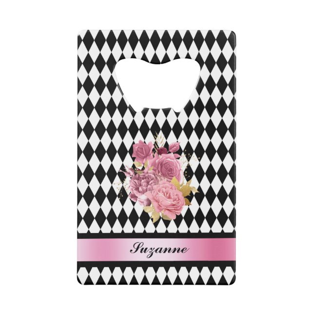 Black White Harlequin with Pink Flower and Name Credit Card Bottle Opener (Front)