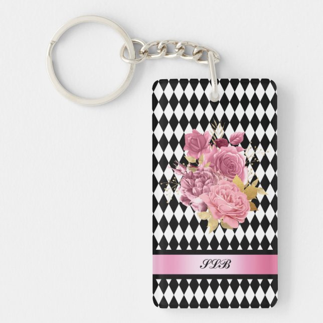 Black White Harlequin with Pink Flower and Name Keychain (Front)